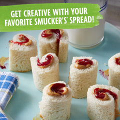 Smucker's rectangular plastic cups with bold graphics enhance table presence.