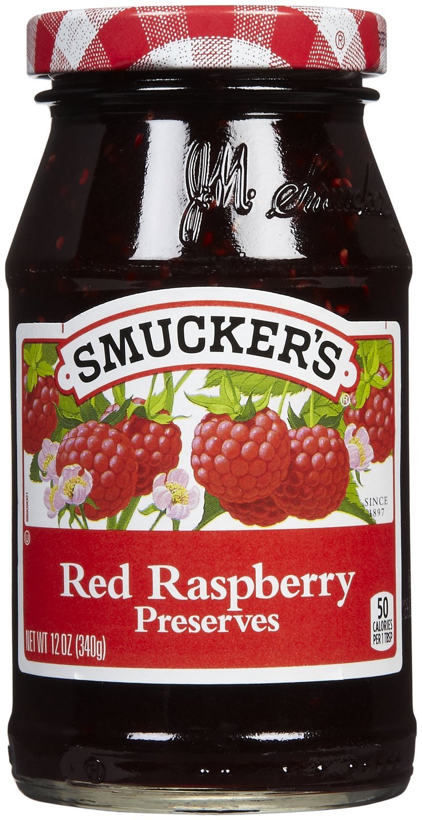 Smucker's Red Raspberry Preserves jar, perfect for cheese pairing and toast toppings.