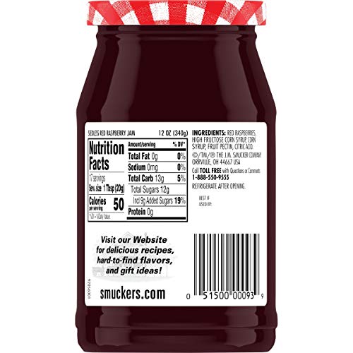 Smucker's seedless raspberry jam bottle pouring, ideal for quick spreads