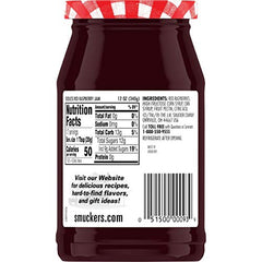Smucker's seedless raspberry jam bottle pouring, ideal for quick spreads