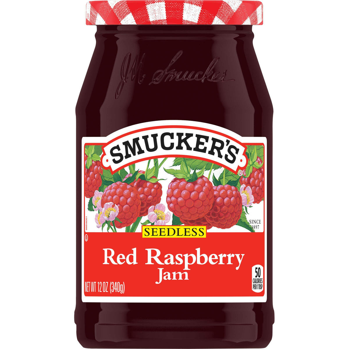 Smucker's seedless raspberry jam jar with bright spread on toast