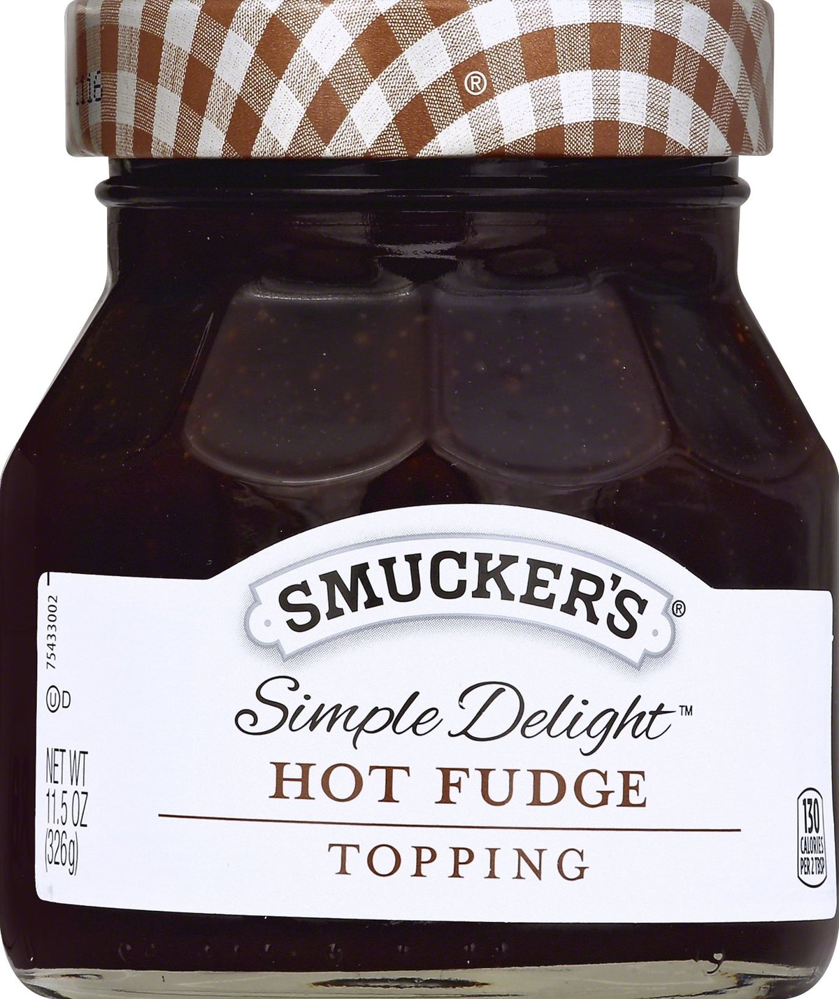 Smucker's Simple Delight hot fudge topping jar closeup with glossy drizzle