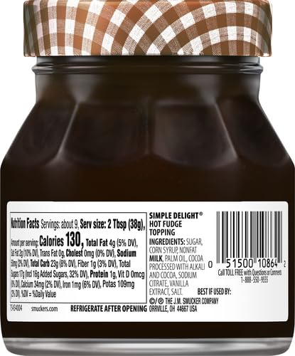 Smucker's Simple Delight hot fudge topping poured over vanilla ice cream
