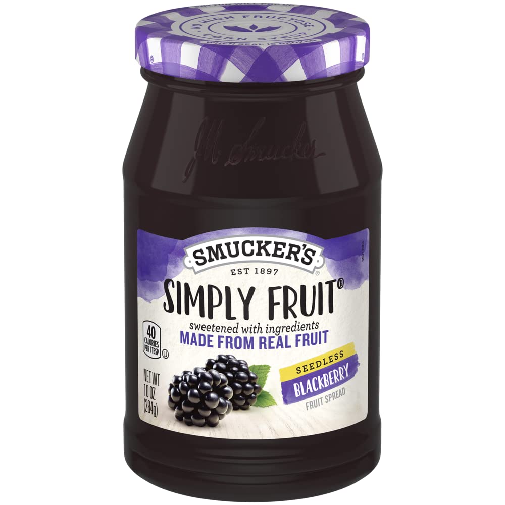 Smucker's Simply Fruit Seedless Blackberry Spread 2-pack bottles on a countertop ready for quick mornings.