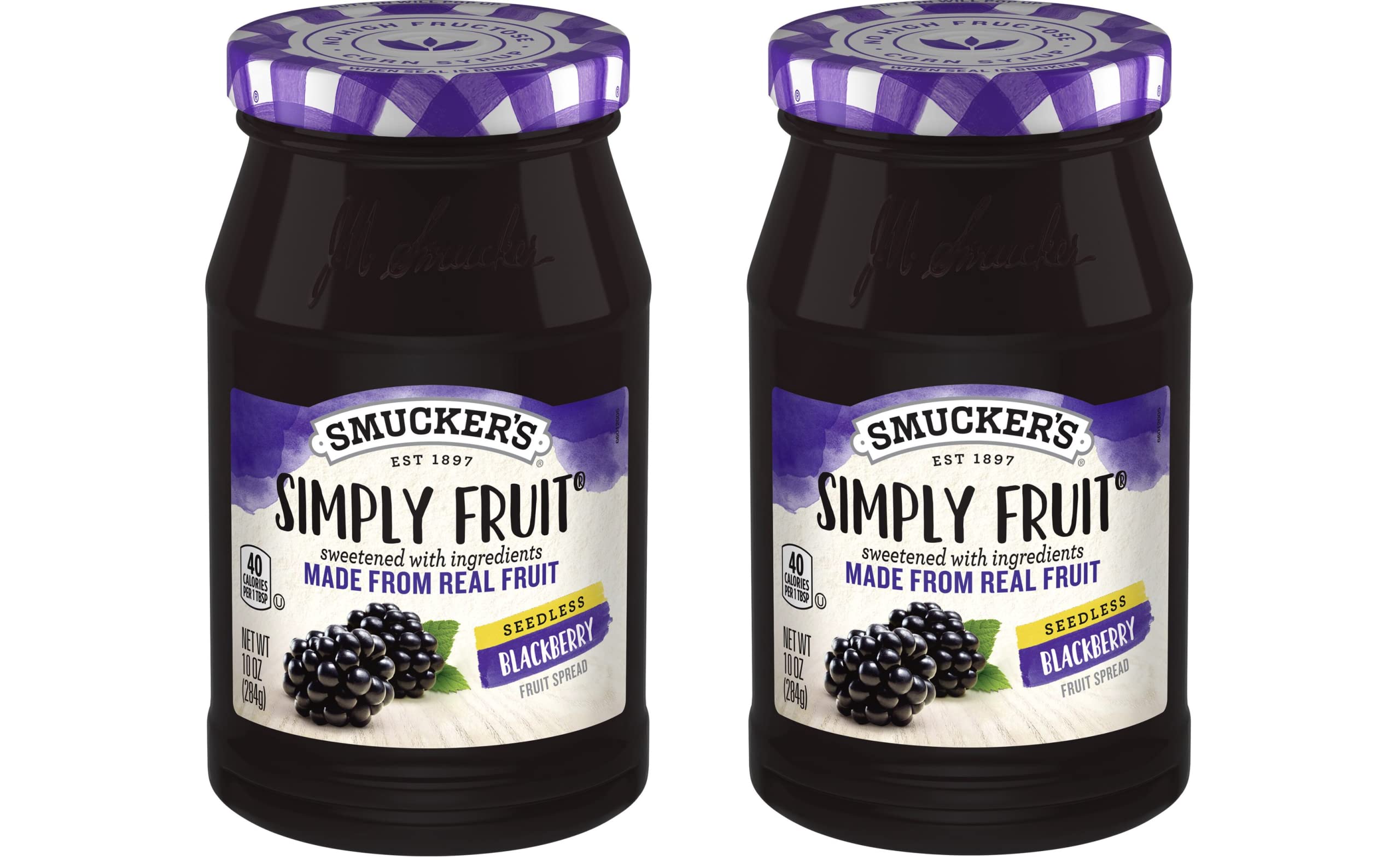 Smucker's Simply Fruit Seedless Blackberry Spread jar shows smooth texture and rich seedless flavor.