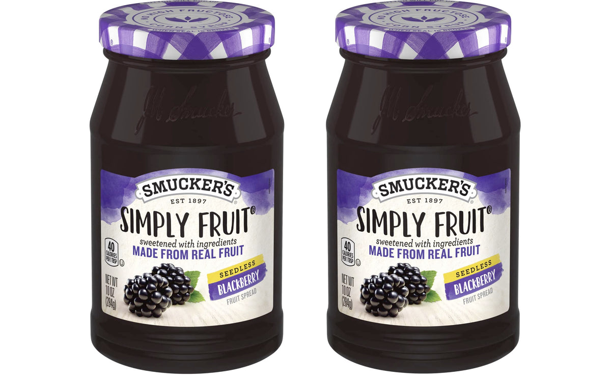 Smucker's Simply Fruit Seedless Blackberry Spread jar shows smooth texture and rich seedless flavor.
