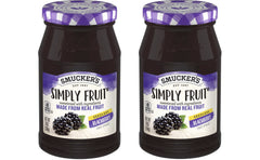 Smucker's Simply Fruit Seedless Blackberry Spread jar shows smooth texture and rich seedless flavor.