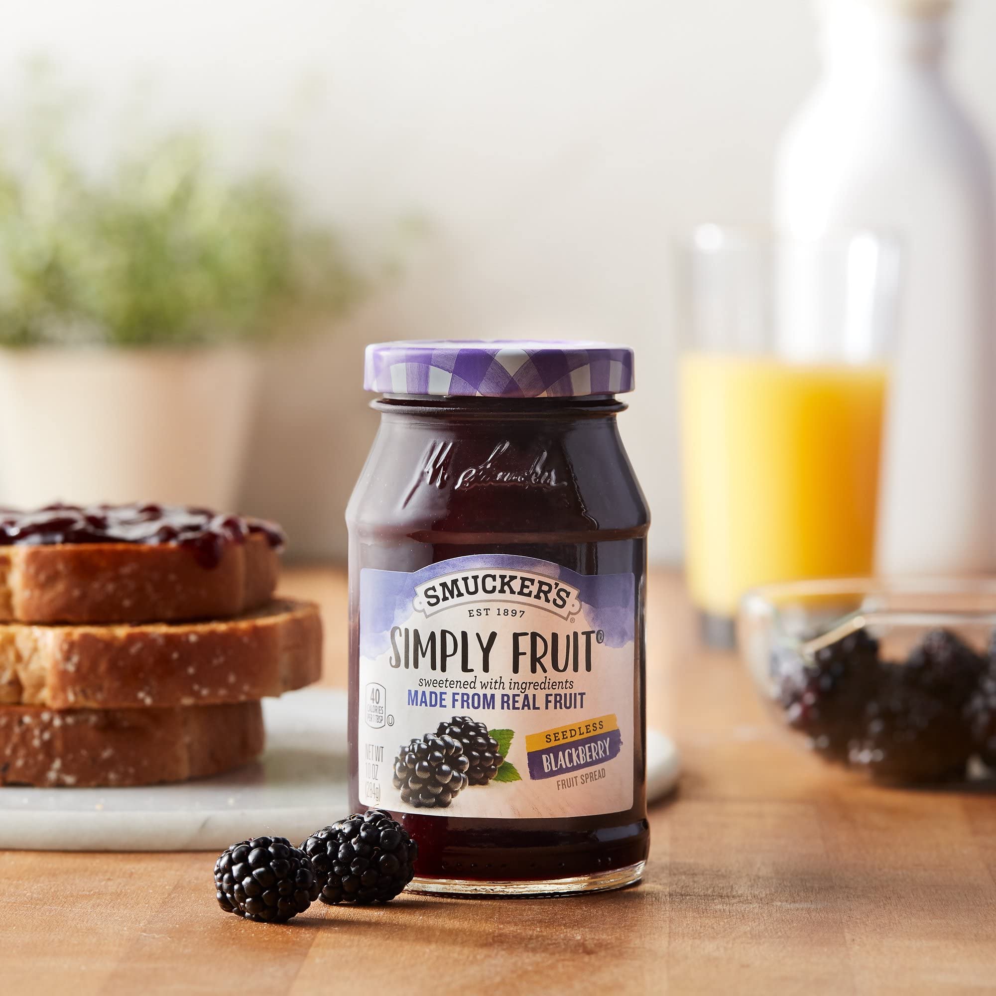 Close-up of toast with Smucker's Simply Fruit Seedless Blackberry Spread for a snack.