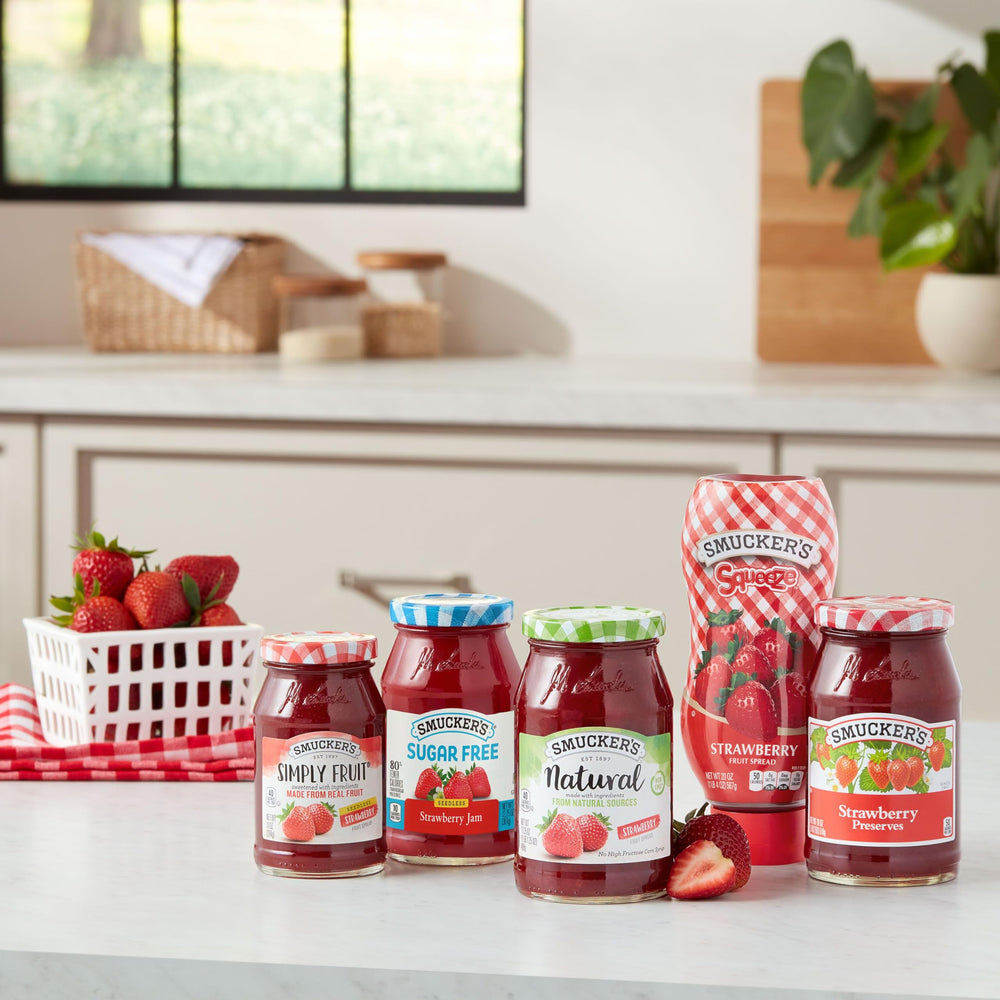 Smucker's Squeeze Strawberry Spread on the kitchen counter, ready to use