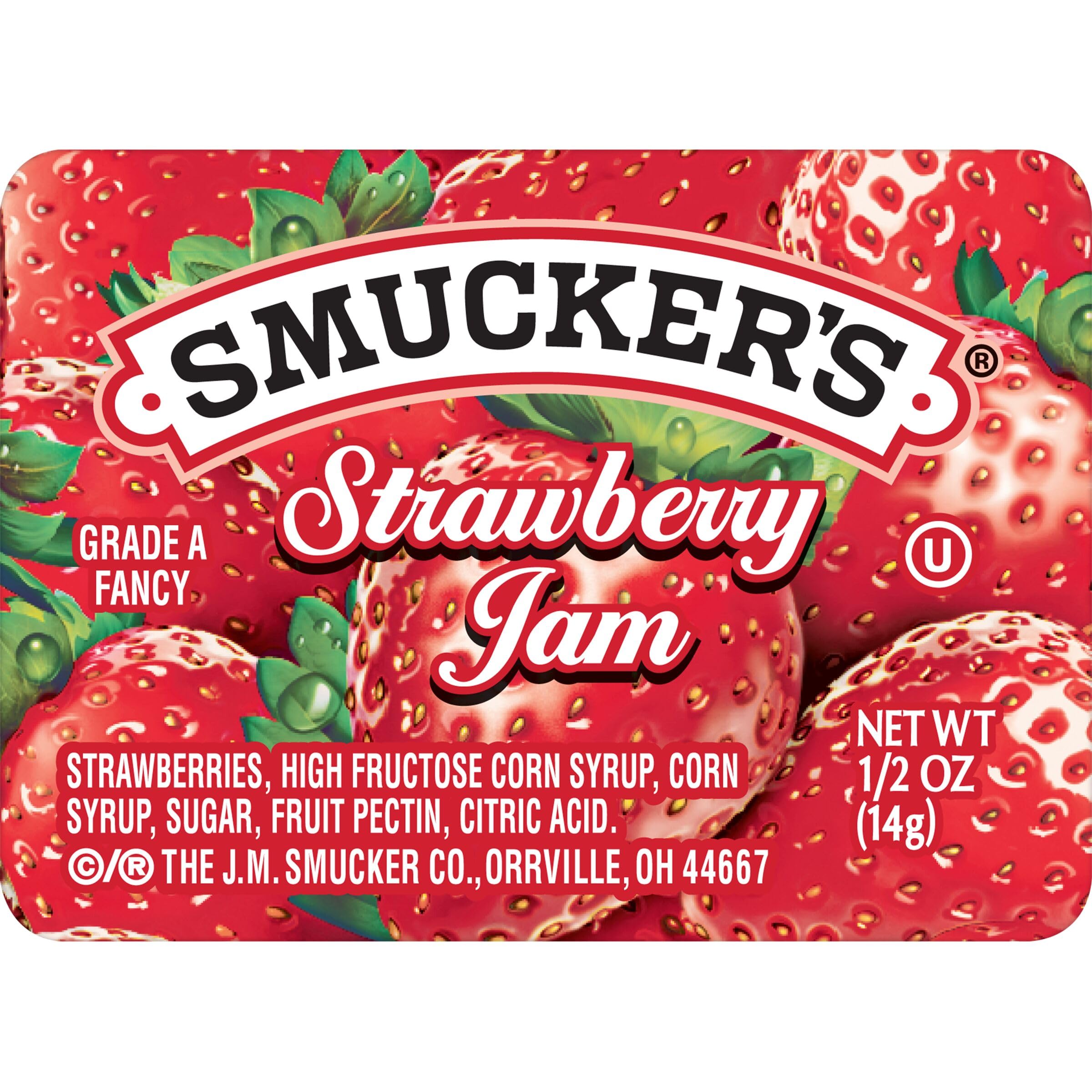 Smucker's strawberry jam cups provide convenient single-serve packaging for quick meals.