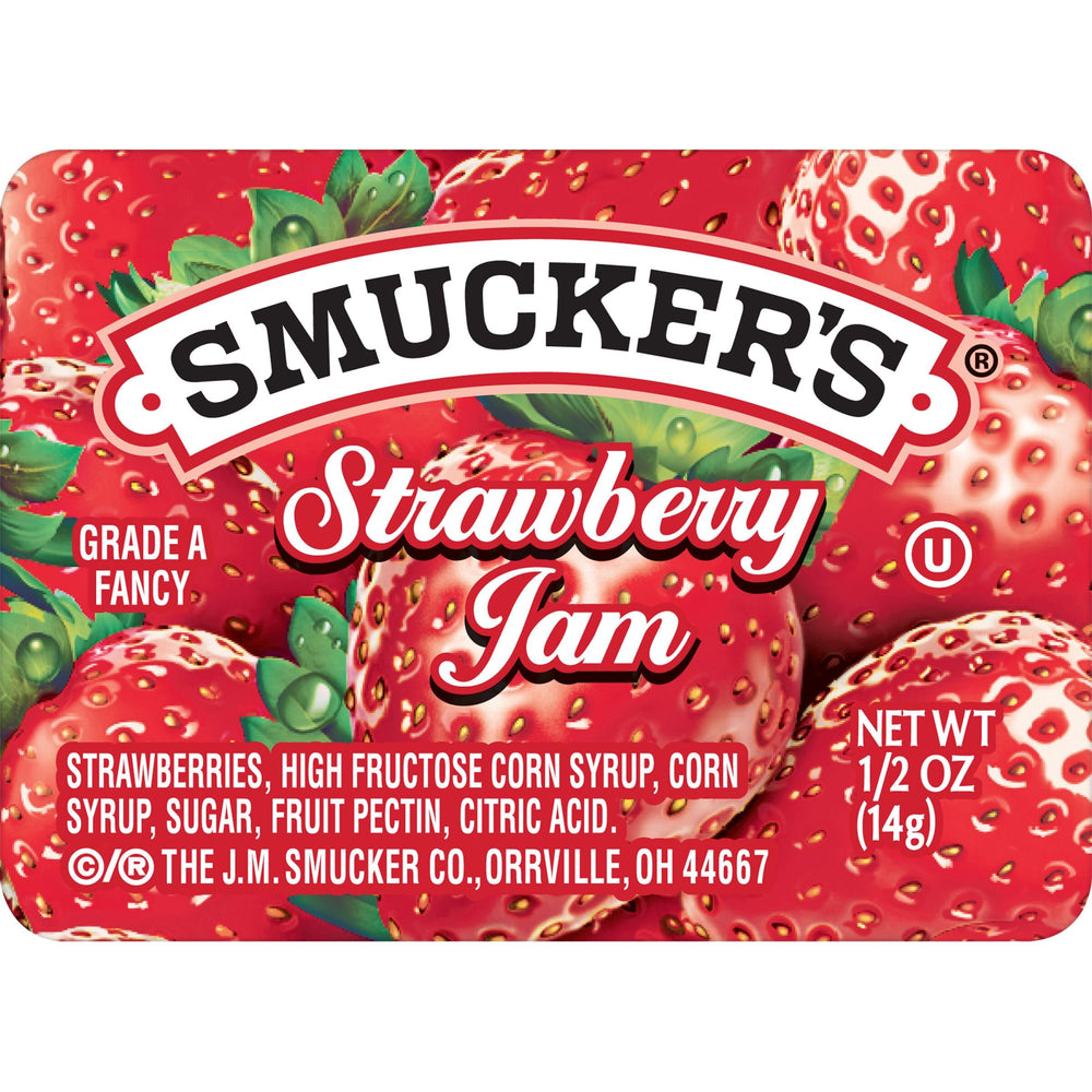 Smucker's strawberry jam cups provide convenient single-serve packaging for quick meals.