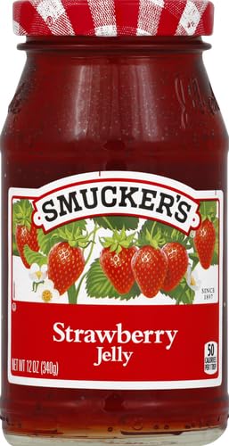 Smucker's Strawberry Jelly close-up shows glossy texture