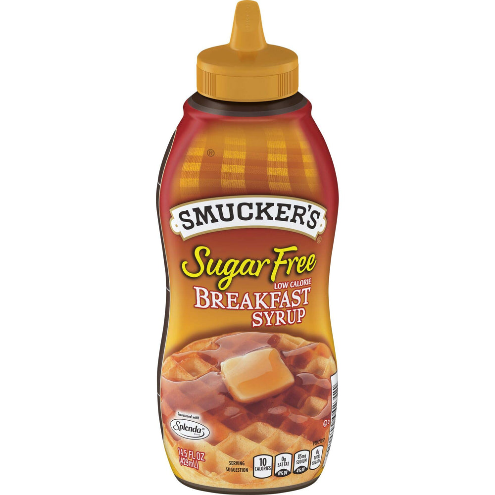 Smucker's Sugar Free Breakfast Syrup bottle on counter for easy, sugar-free topping