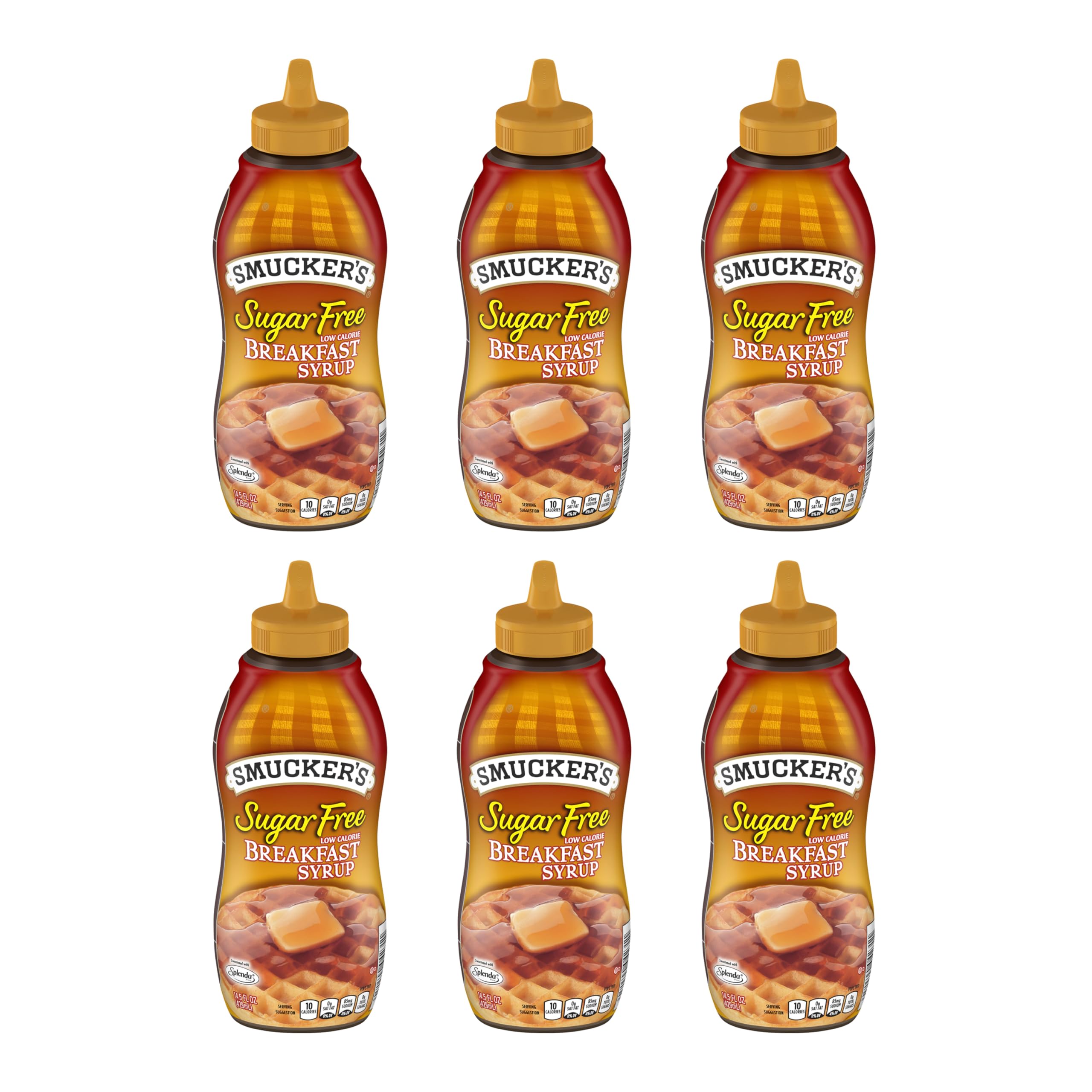 Smucker's Sugar Free Breakfast Syrup bottle pouring on pancakes for a flavorful, low-calorie breakfast.