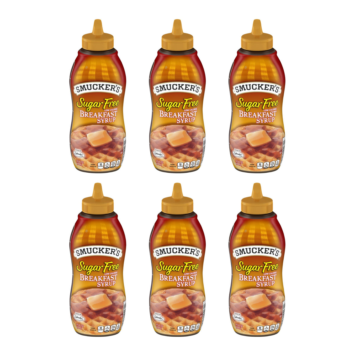 Smucker's Sugar Free Breakfast Syrup bottle pouring on pancakes for a flavorful, low-calorie breakfast.