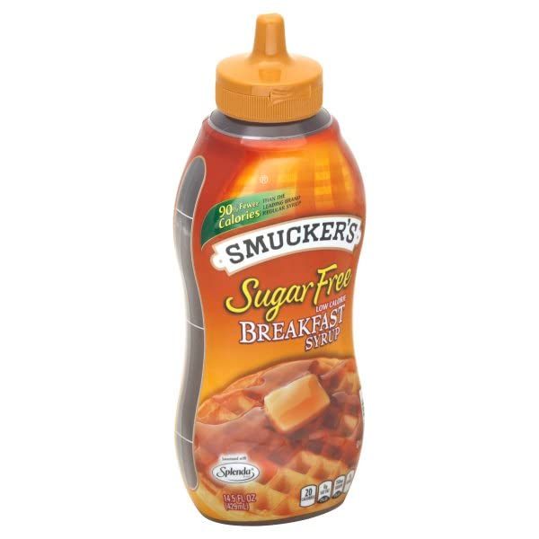Tabletop setting featuring Smucker's Sugar Free Syrup as part of a balanced breakfast.
