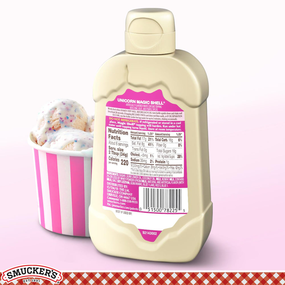 Smucker's Unicorn Magic Shell bottle beside ice cream cones for quick topping.