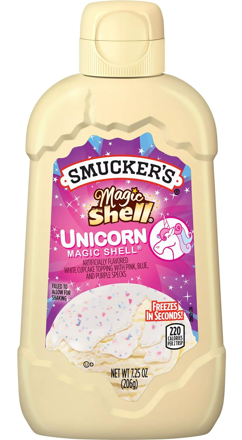 Smucker's Unicorn Magic Shell bottle on shelf, quick dessert topping for easy treats.