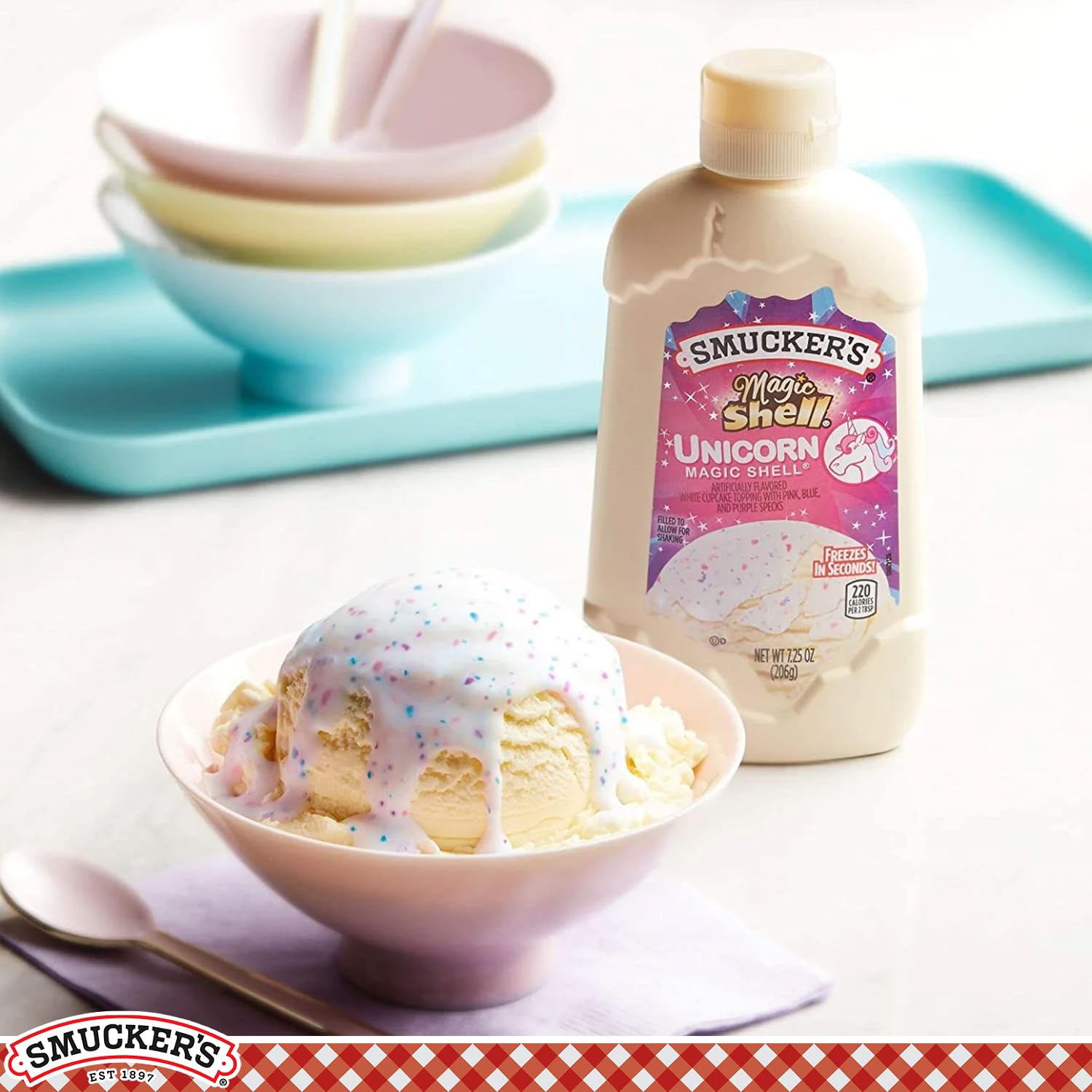 Close-up of Smucker's Unicorn Magic Shell label showing cupcake flavor and kosher dairy note.
