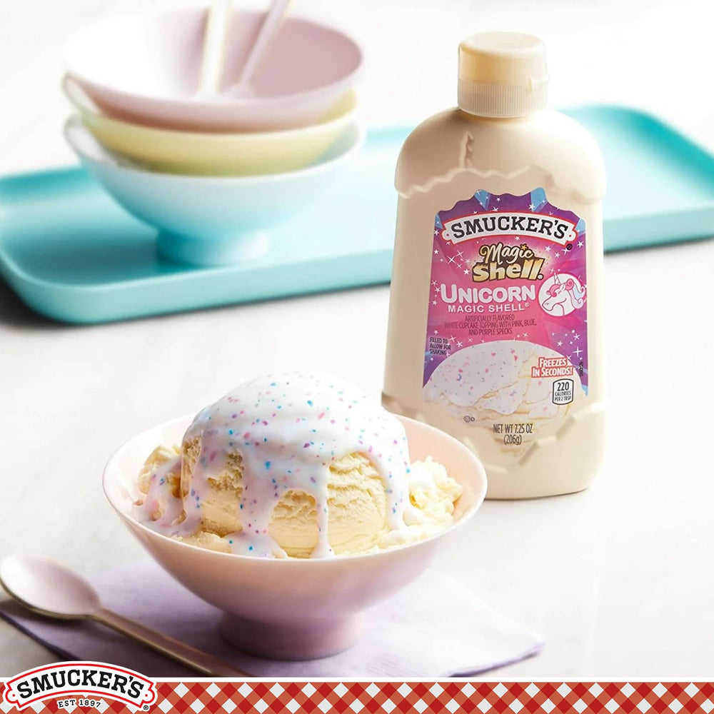 Close-up of Smucker's Unicorn Magic Shell label showing cupcake flavor and kosher dairy note.
