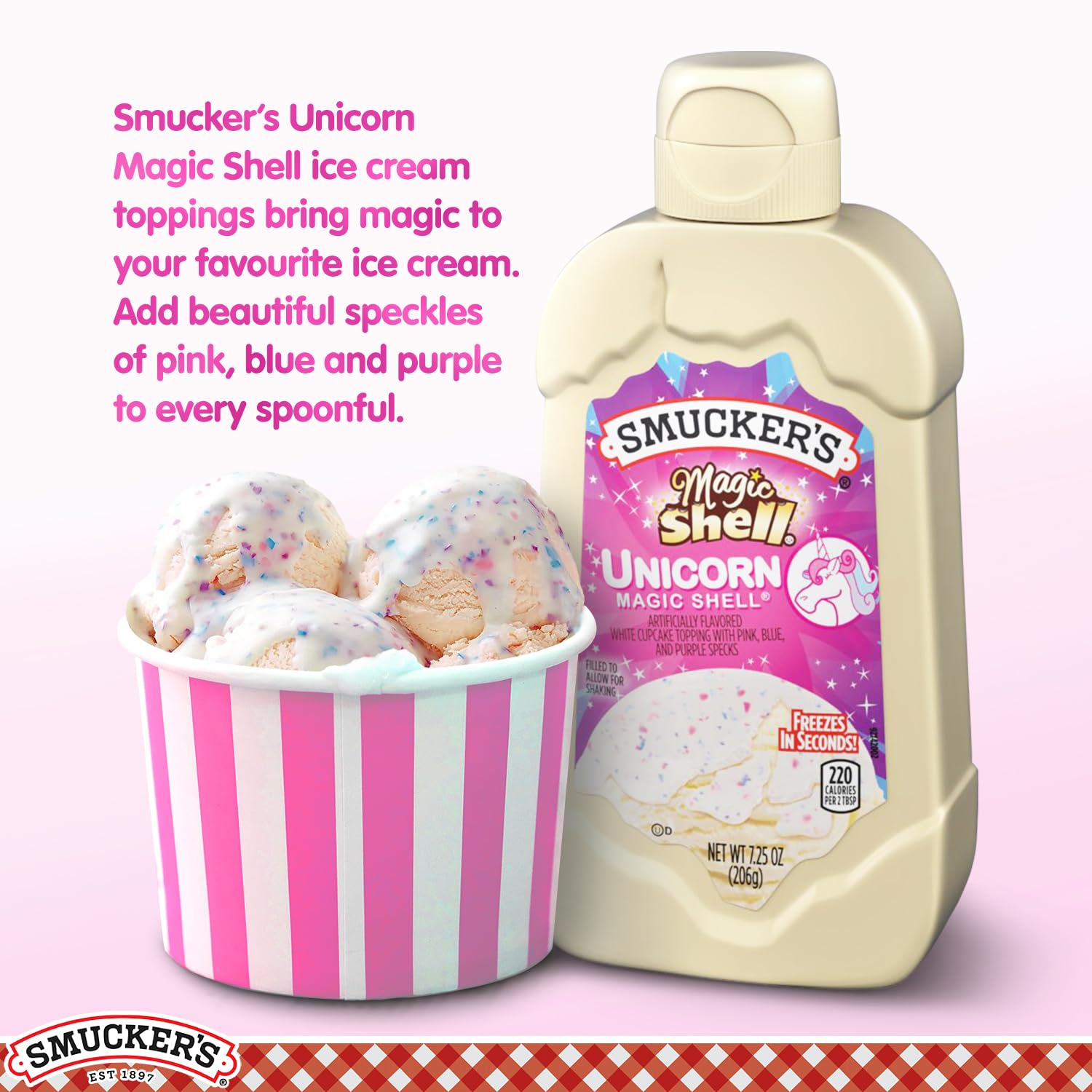 Ice cream topped with Smucker's Unicorn Magic Shell topping for a fun, crisp texture.