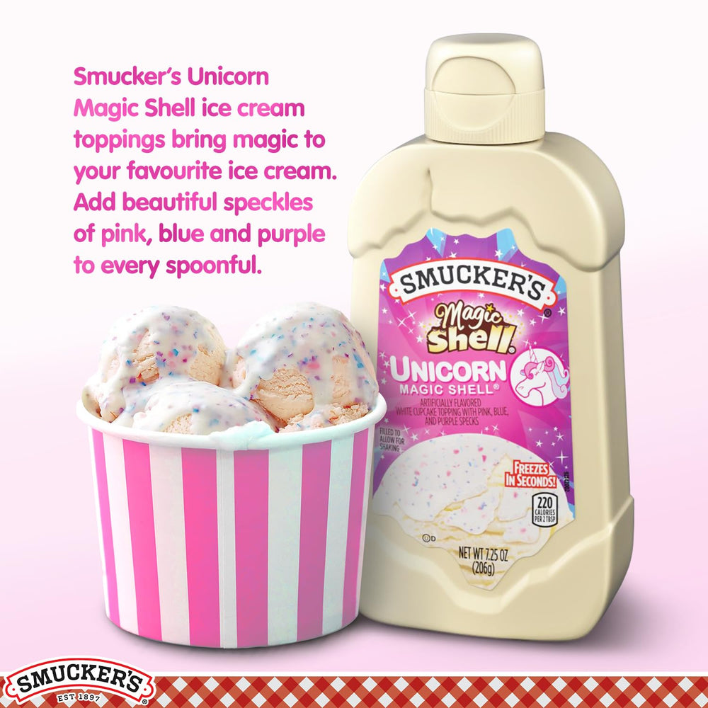 Ice cream topped with Smucker's Unicorn Magic Shell topping for a fun, crisp texture.