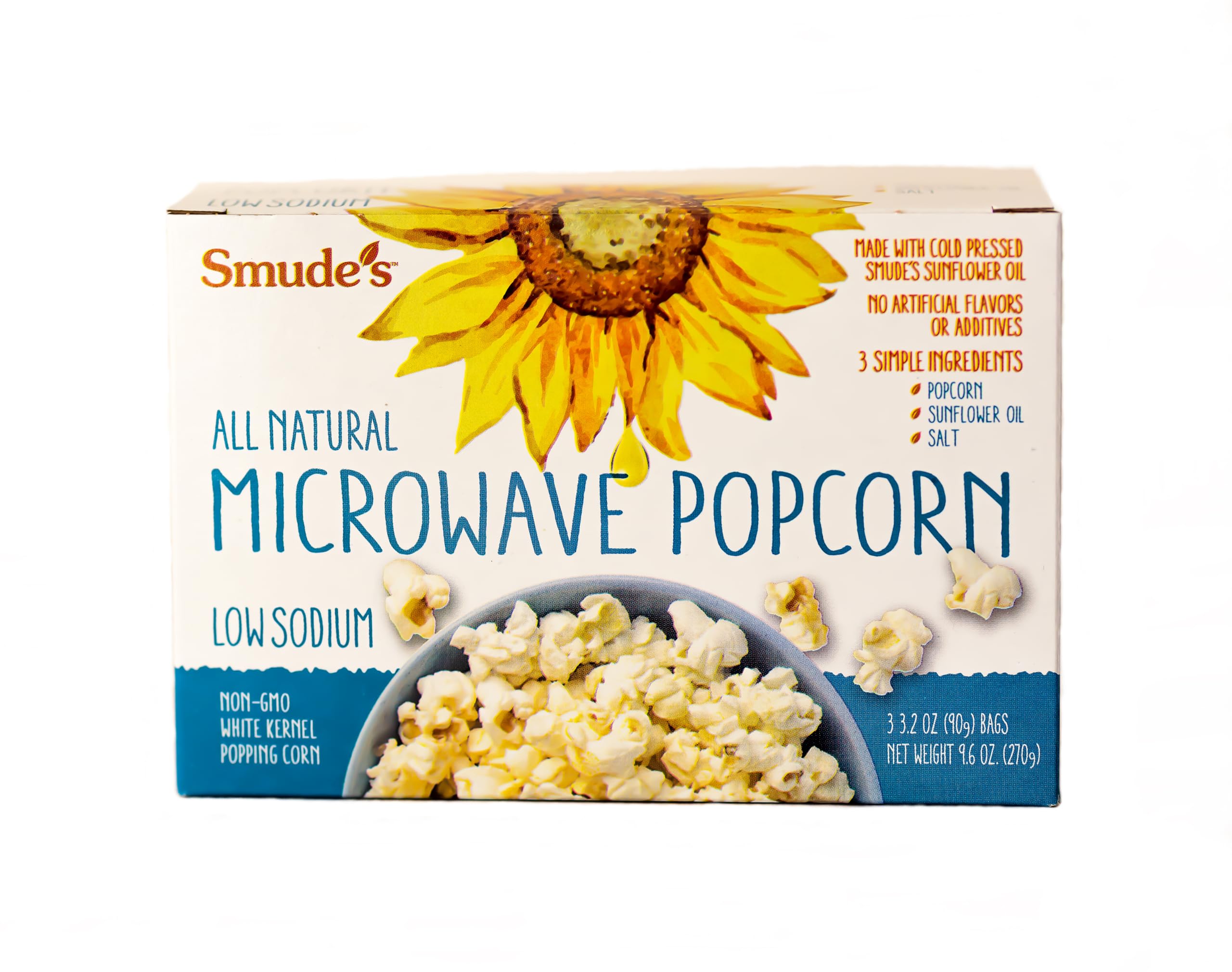 Smude's Brand all-natural microwave popcorn bag front view for a healthy snack.