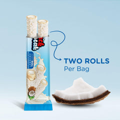 Snack Break coconut wafer rolls close-up shows crispy texture and coconut flakes.