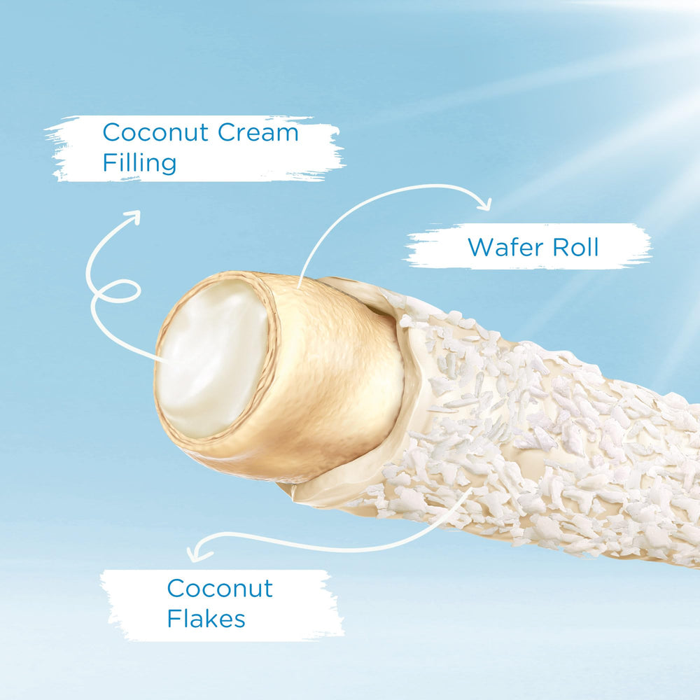 Snack Break coconut wafer rolls cross-section reveals creamy coconut filling.