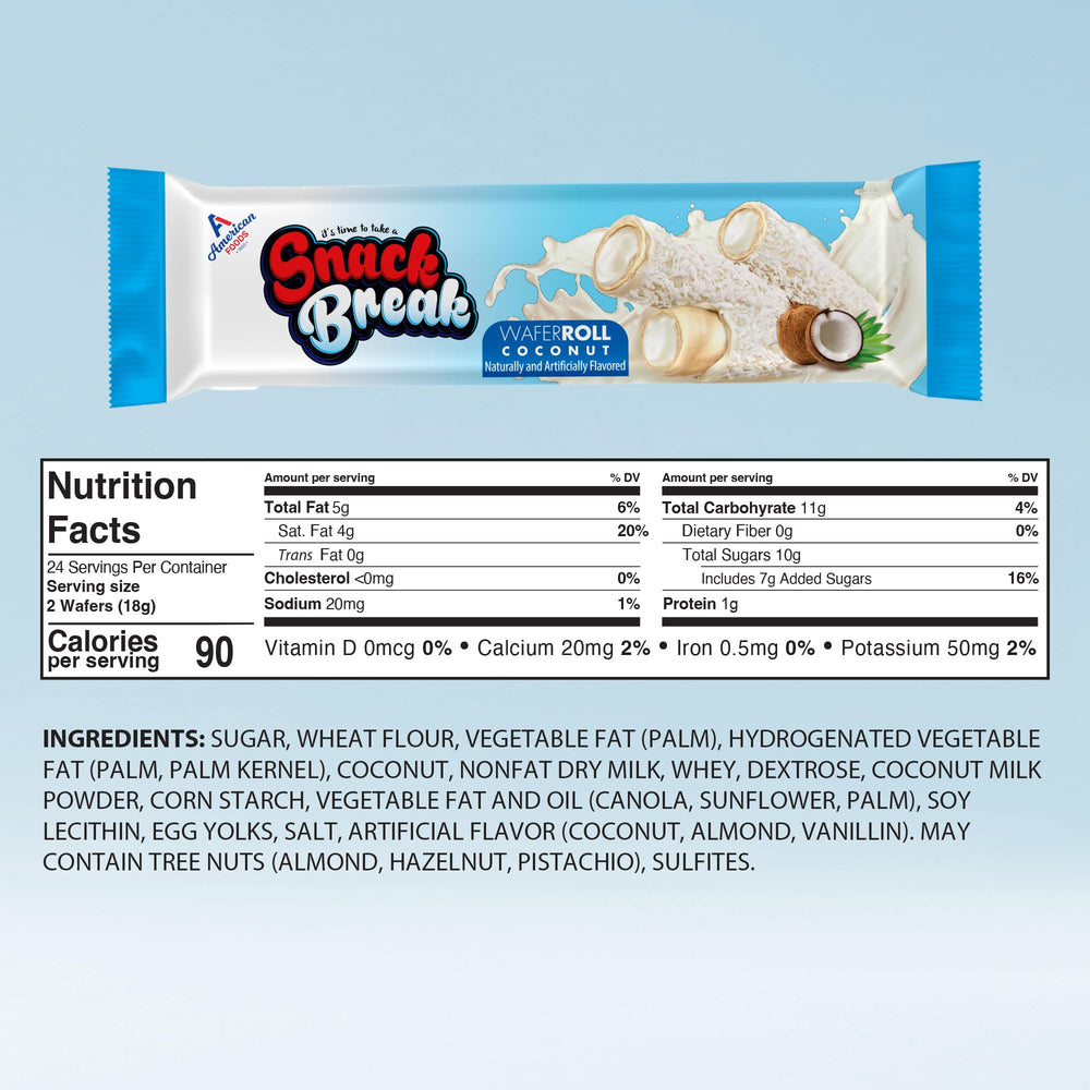 Snack Break individually wrapped coconut wafer rolls highlight freshness and crunch.