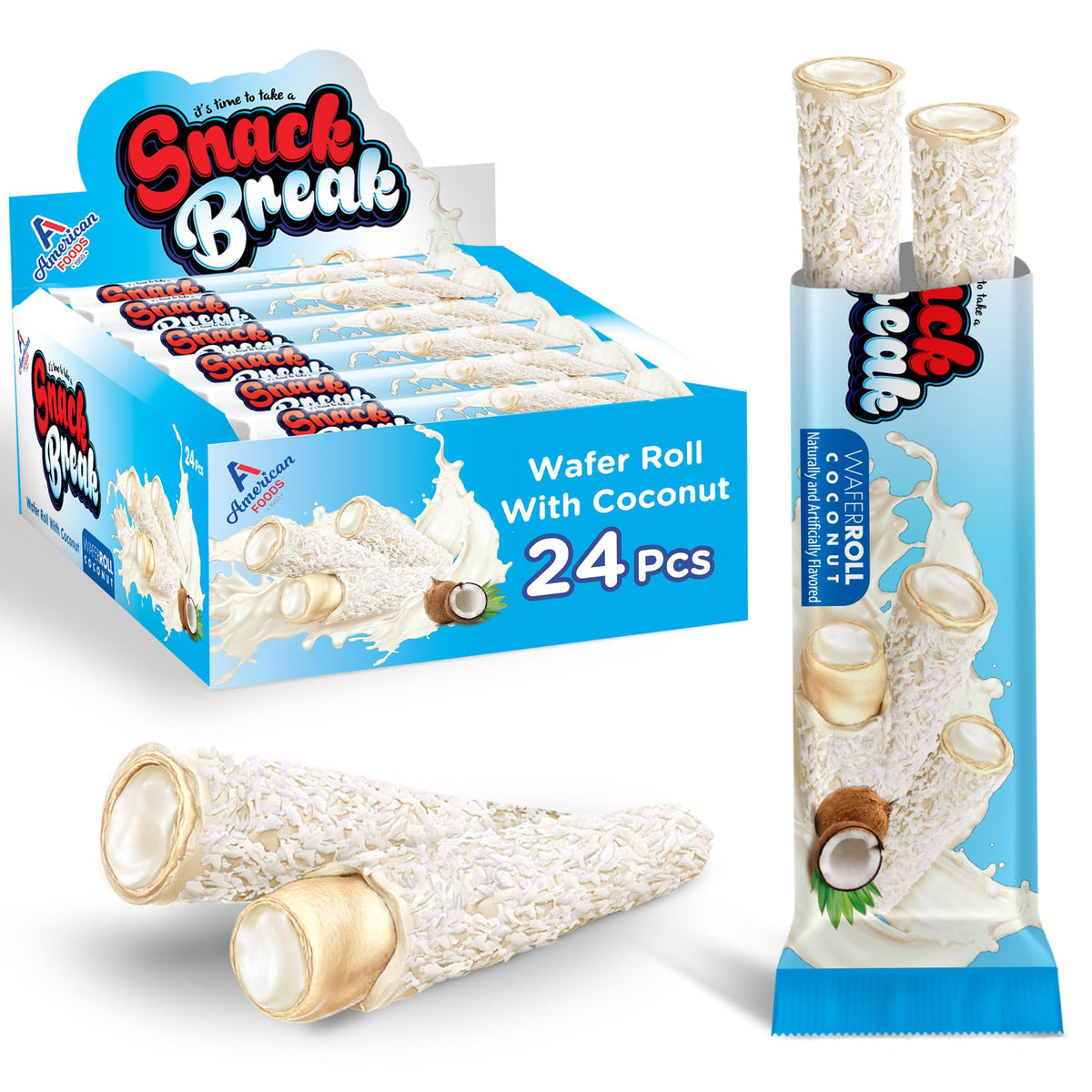 Snack Break Coconut Wafer Rolls packaging view for grab-and-go snacking.
