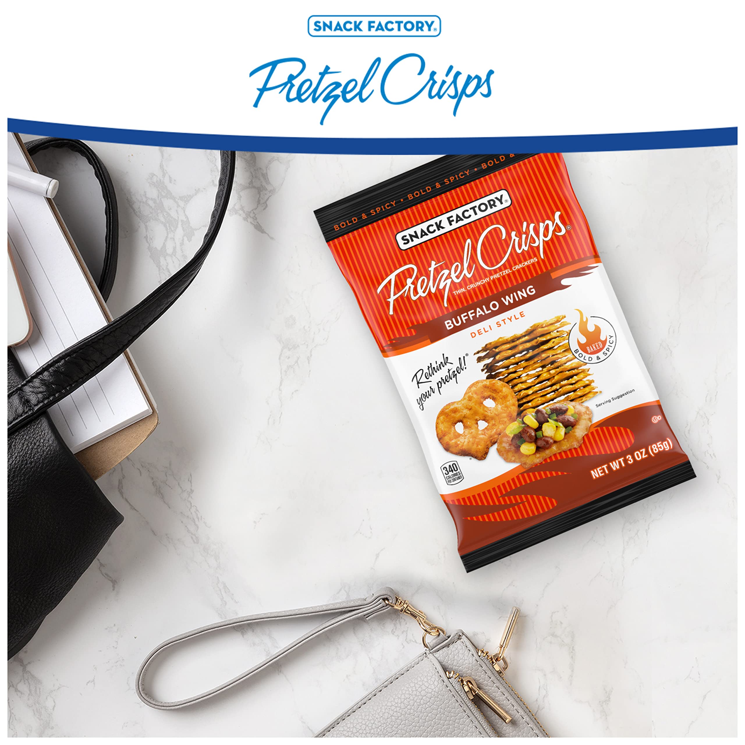 Snack Factory Buffalo Wing Pretzel Crisps with cheese dip as an option.