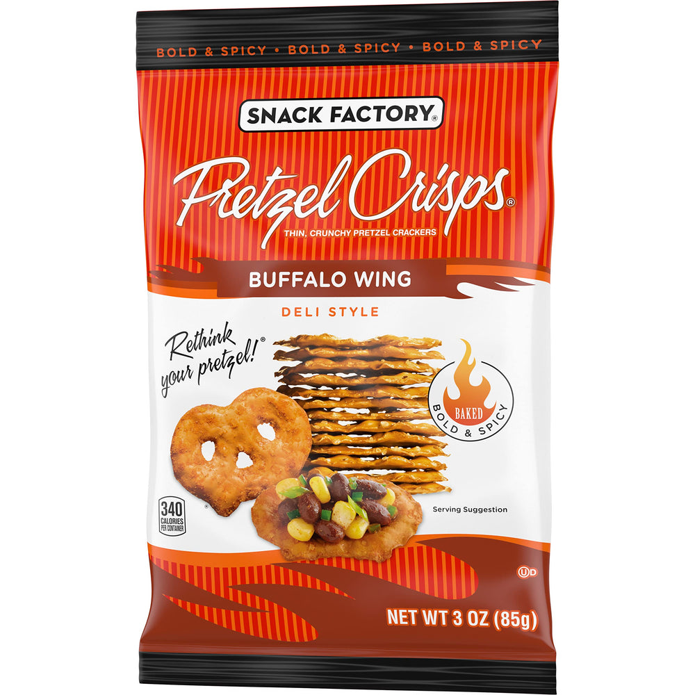 Snack Factory Buffalo Wing Pretzel Crisps ready for dips or solo snacking.