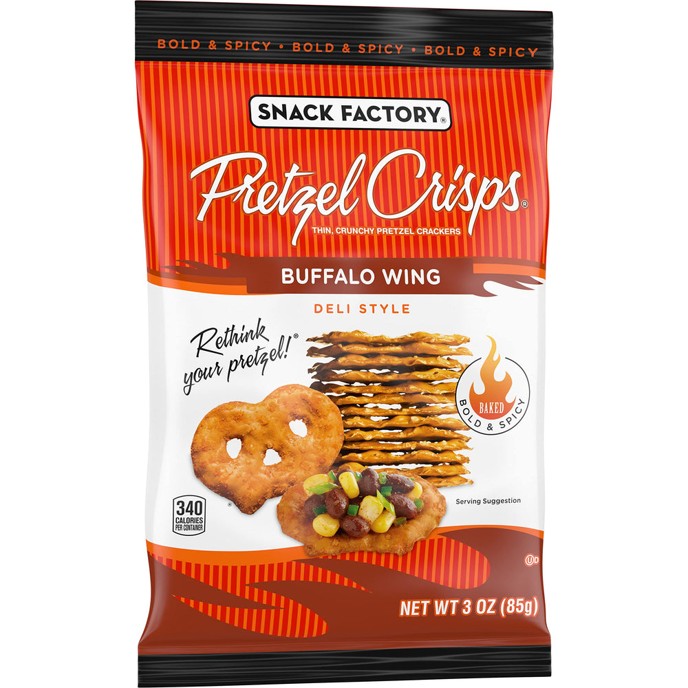 Snack Factory Buffalo Wing Pretzel Crisps non-GMO baked crunch.