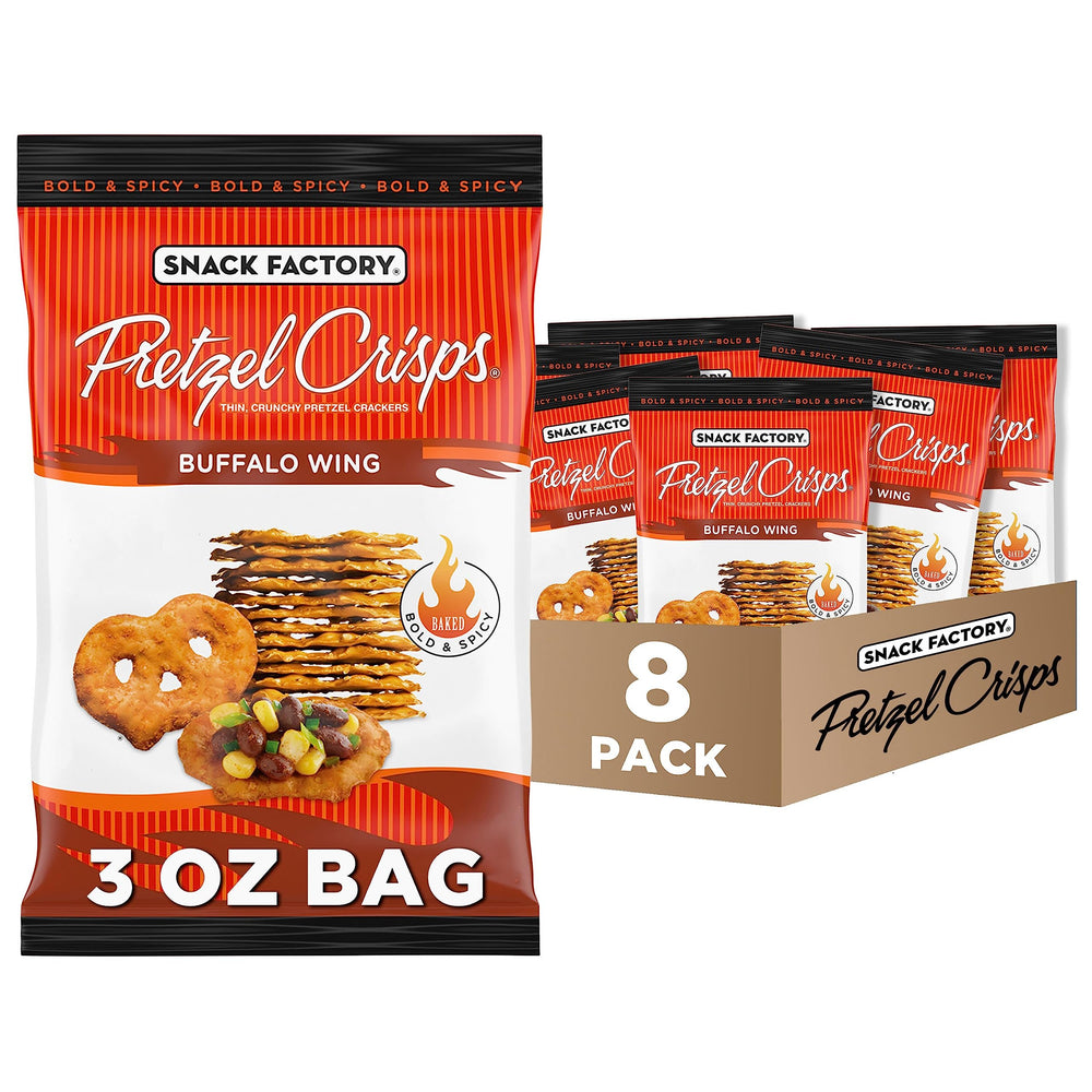 Snack Factory Buffalo Wing Pretzel Crisps on-the-go bag for bold flavor.