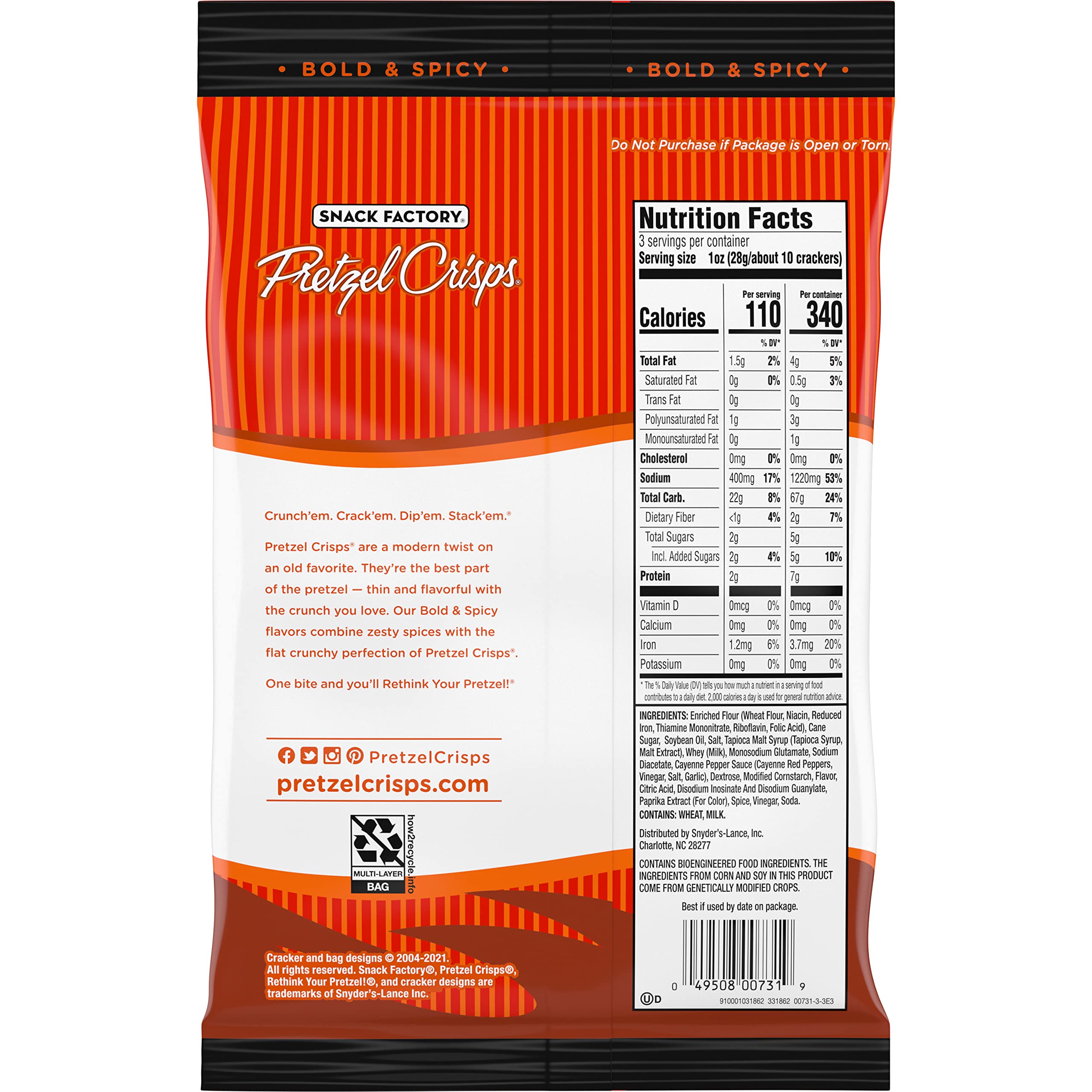 Snack Factory Buffalo Wing Pretzel Crisps in party-size resealable bag.