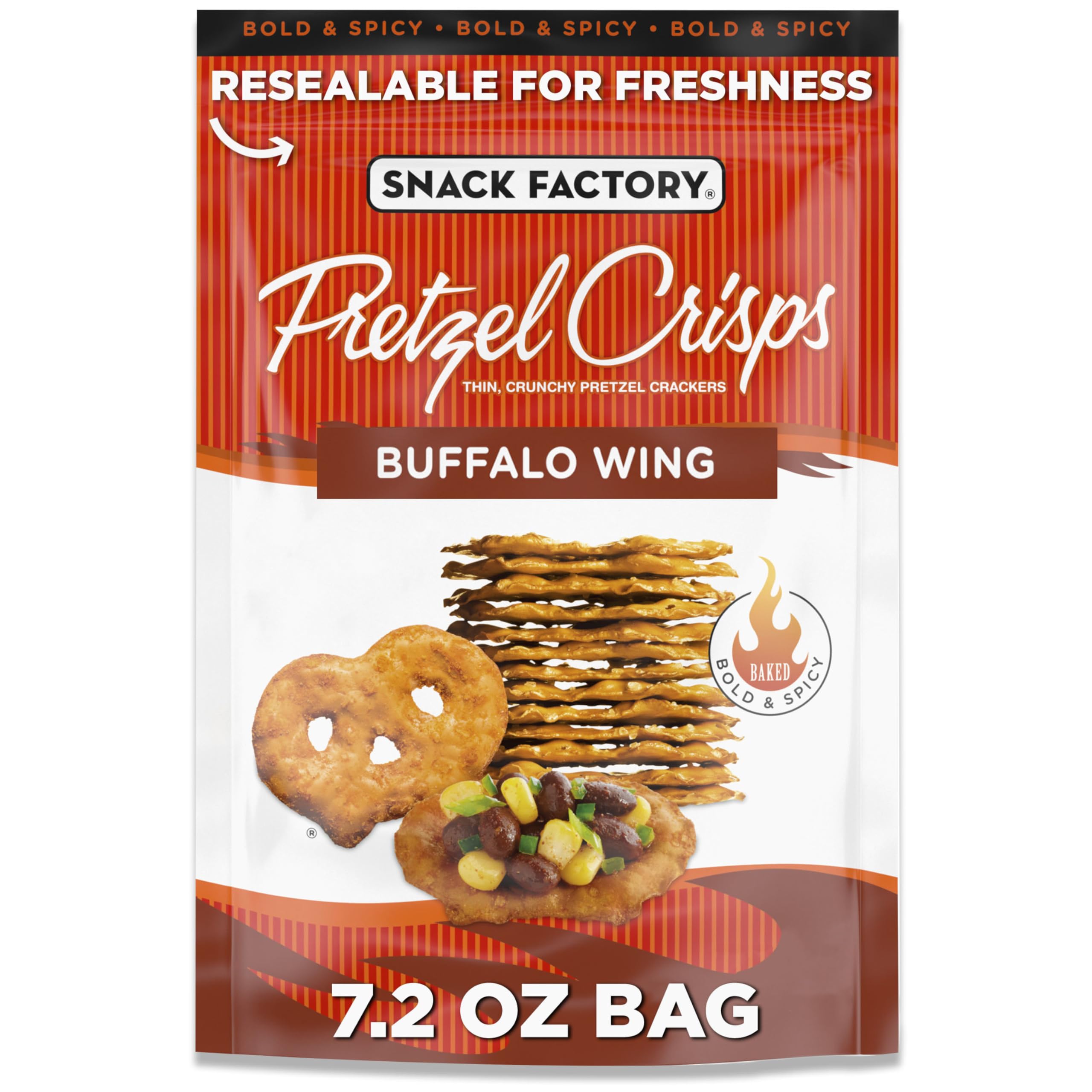 Snack Factory Buffalo Wing Pretzel Crisps bag on pantry shelf, ready for bold snacking.