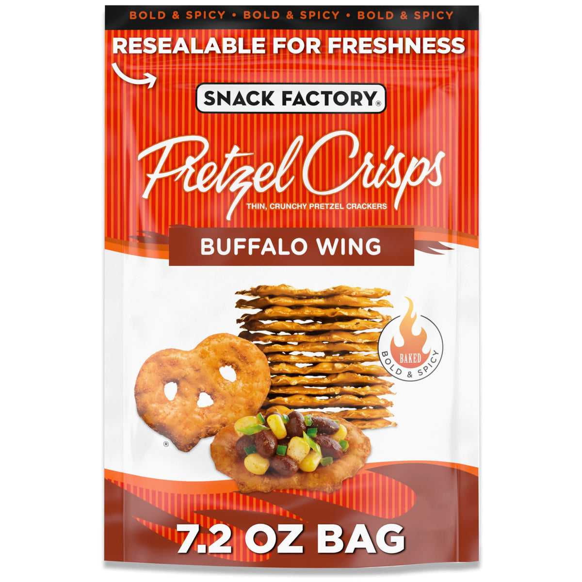 Snack Factory Buffalo Wing Pretzel Crisps bag on pantry shelf, ready for bold snacking.