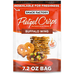 Snack Factory Buffalo Wing Pretzel Crisps bag on pantry shelf, ready for bold snacking.