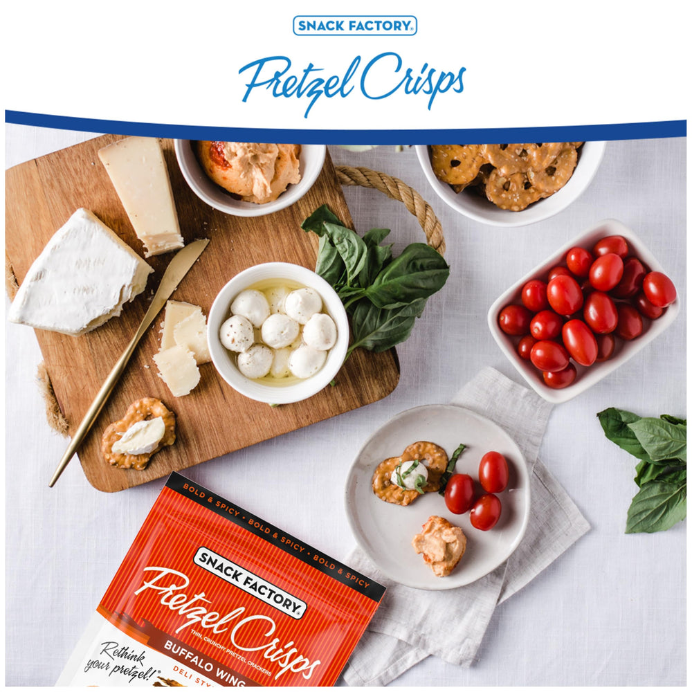 Snack Factory Buffalo Wing Pretzel Crisps open bag, easy snack on the go.
