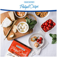 Snack Factory Buffalo Wing Pretzel Crisps open bag, easy snack on the go.