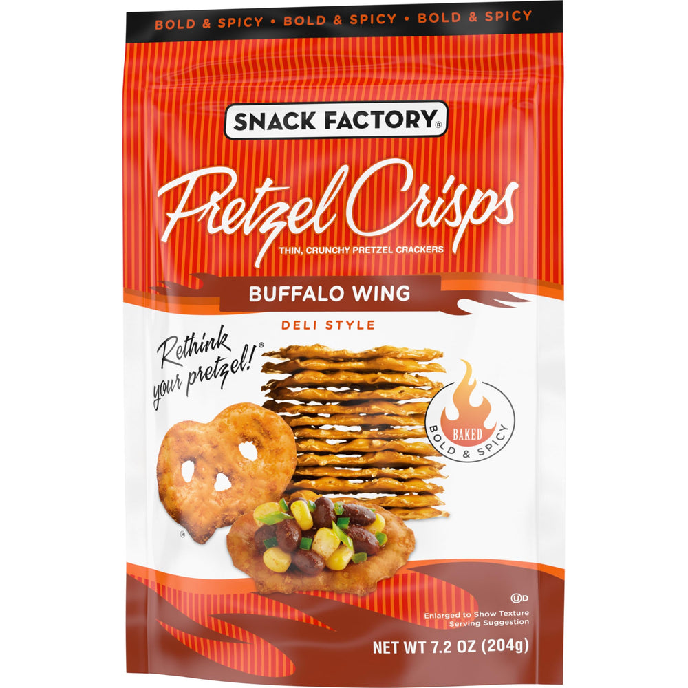 Snack Factory Buffalo Wing Pretzel Crisps reseal bag preserves freshness and crunch.