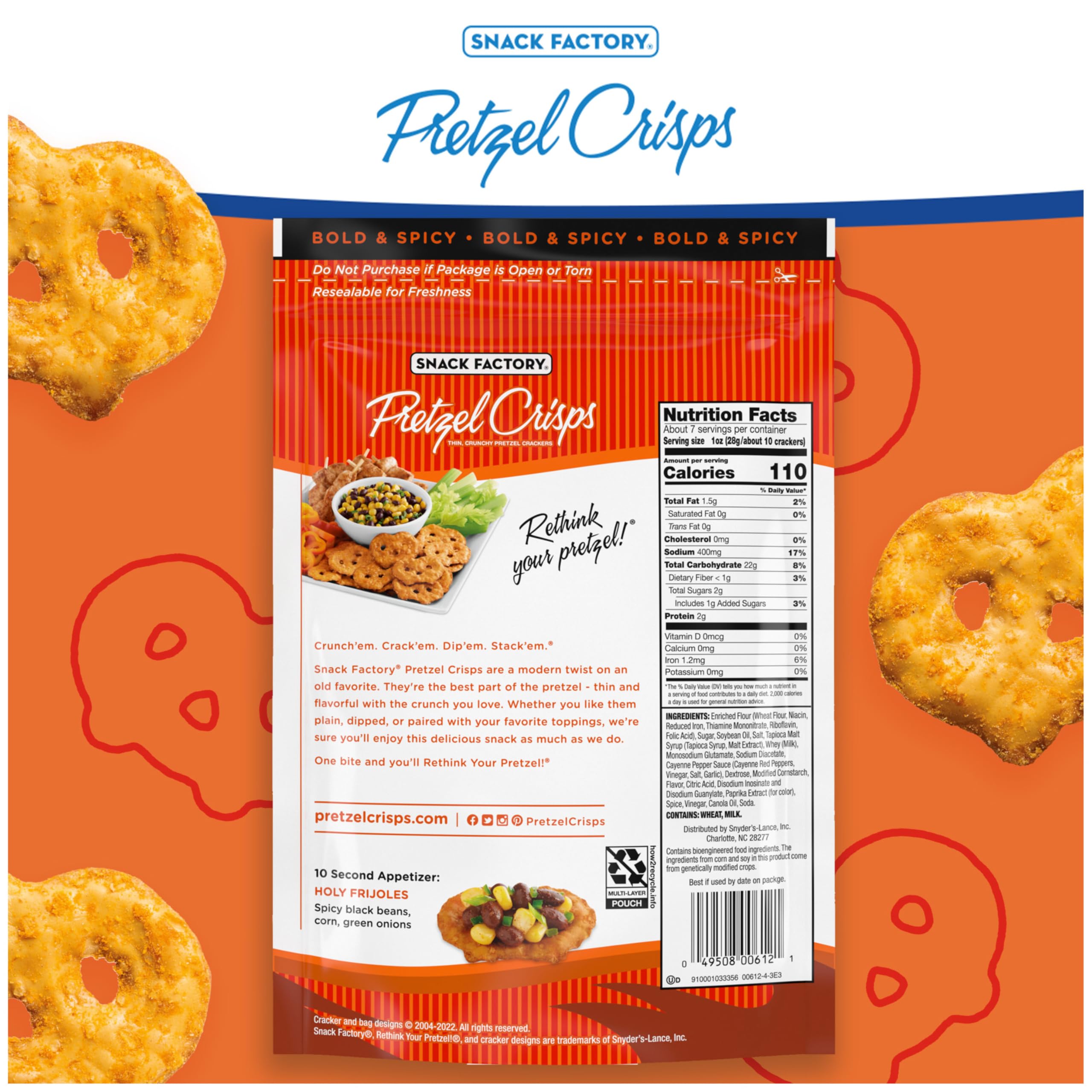 Snack Factory Buffalo Wing Pretzel Crisps on serving platter for guests.
