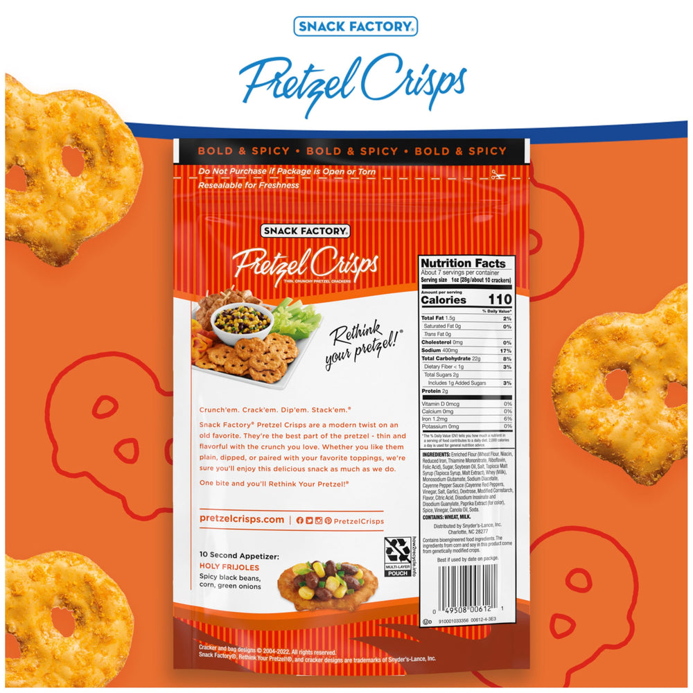 Snack Factory Buffalo Wing Pretzel Crisps on serving platter for guests.