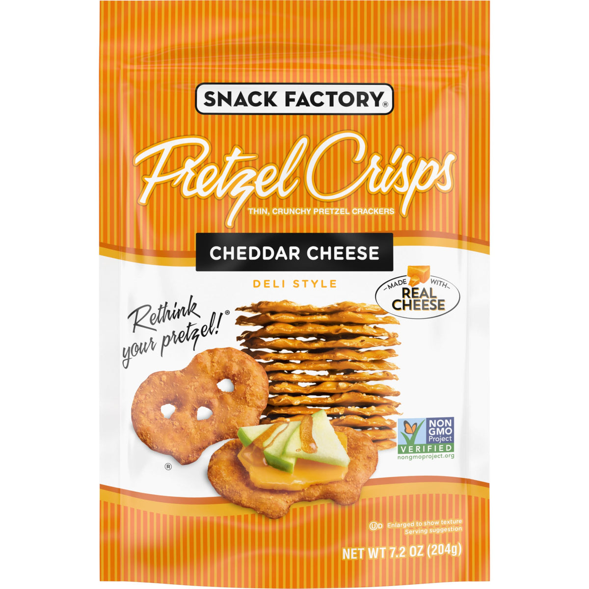 Snack Factory Cheddar Pretzel Crisps bag showing resealable packaging for freshness