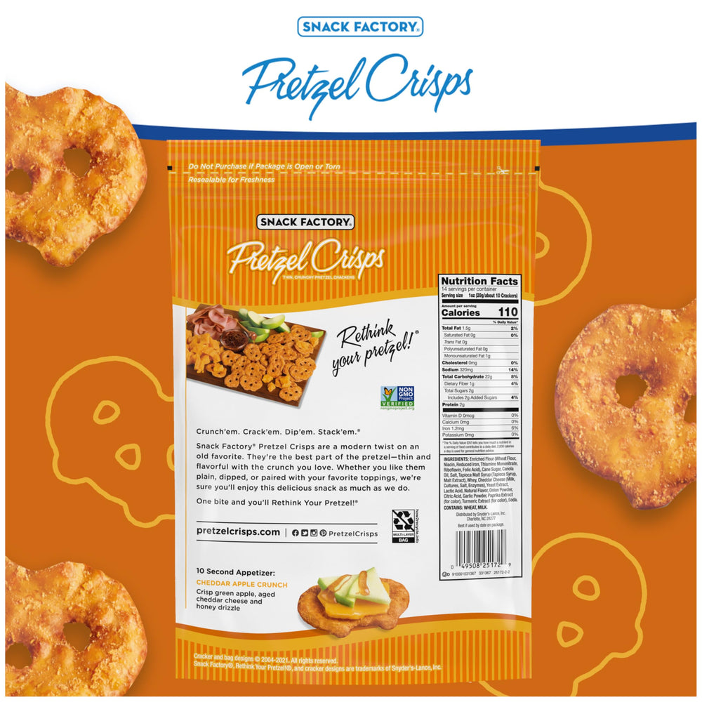 Detail of Snack Factory Cheddar Pretzel Crisps cheddar flavor