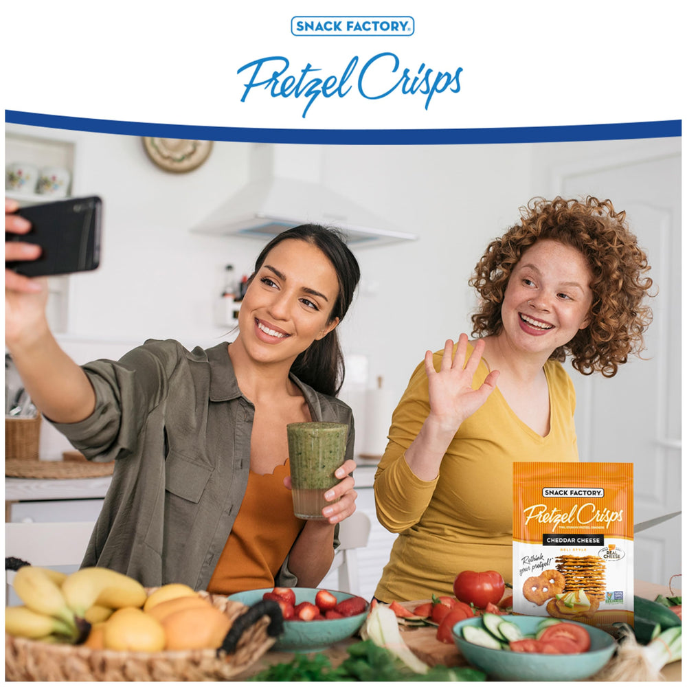 Snack Factory Cheddar Pretzel Crisps ready to eat on the go