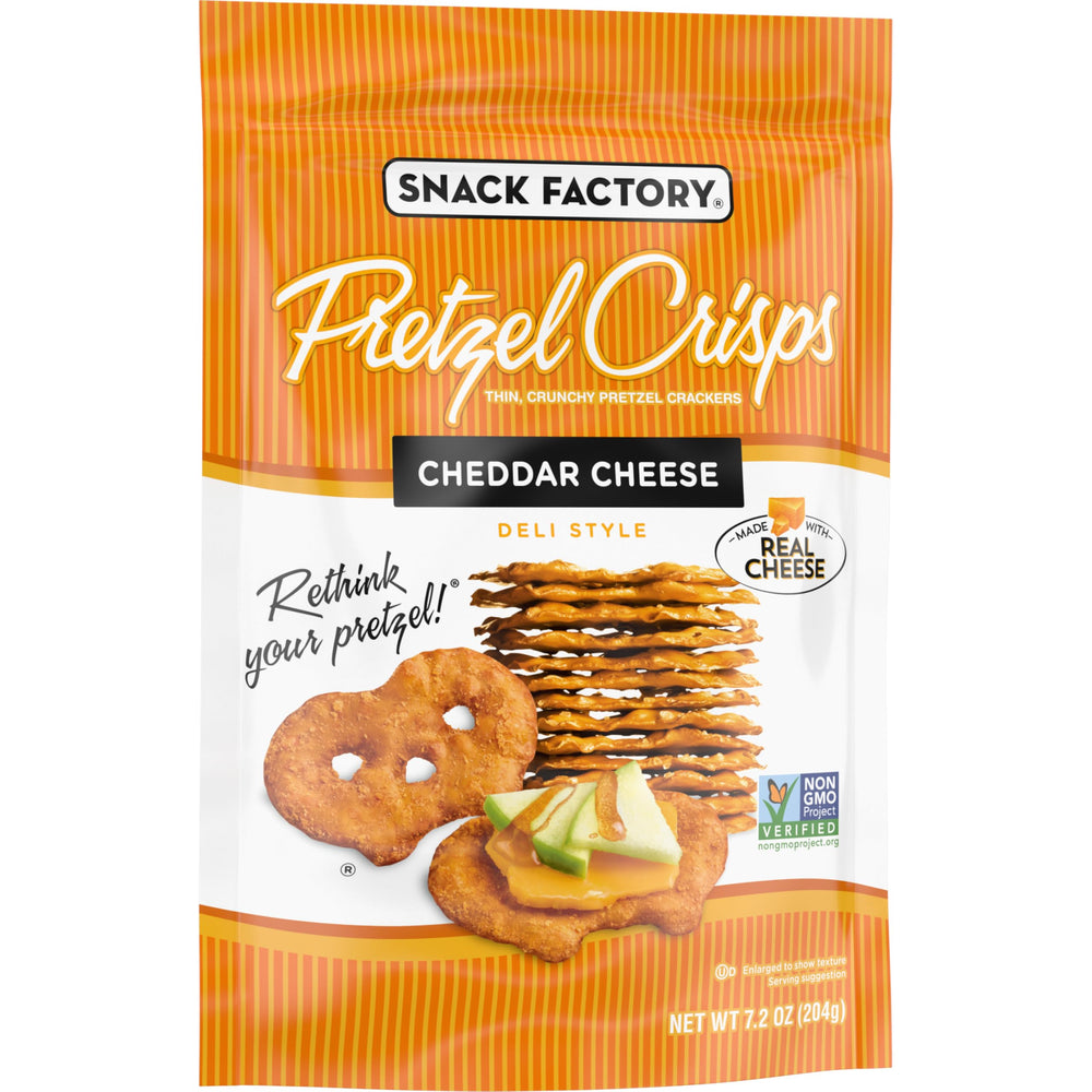 Snack Factory Cheddar Pretzel Crisps resealable bag keeps freshness