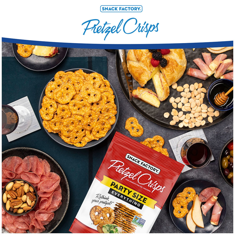 Snack Factory Everything Pretzel Crisps ready for dip accompaniment like hummus or cheese.