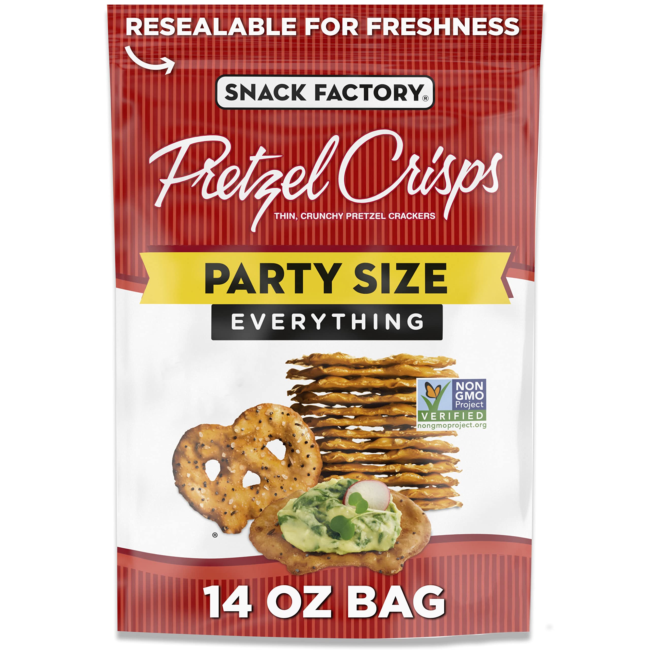 Snack Factory Everything Pretzel Crisps pack on table for easy snacking and sharing.